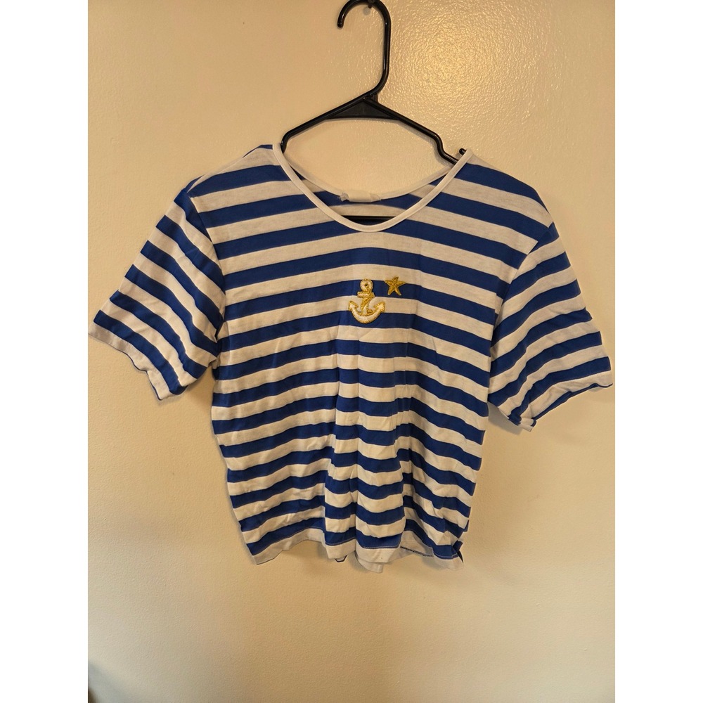 Vintage 1st Choice Nautical Striped T-Shirt Blue White Anchor Star Petite Large